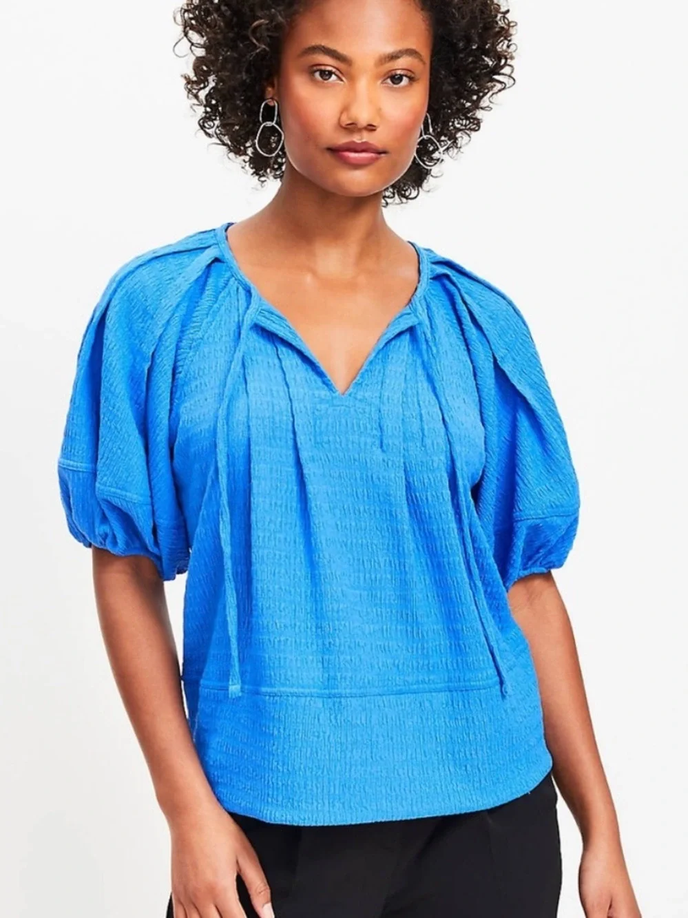 LOFT Women's Blue Textured Tie-Neck Blouse